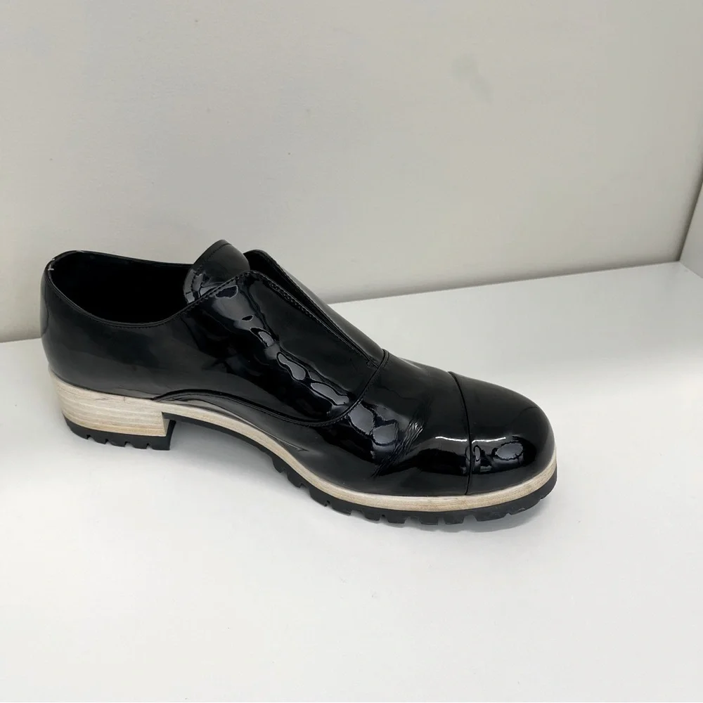 Miu Miu Black Patent Leather Derby Loafers Size 37.5 quiet luxury modern preppy
